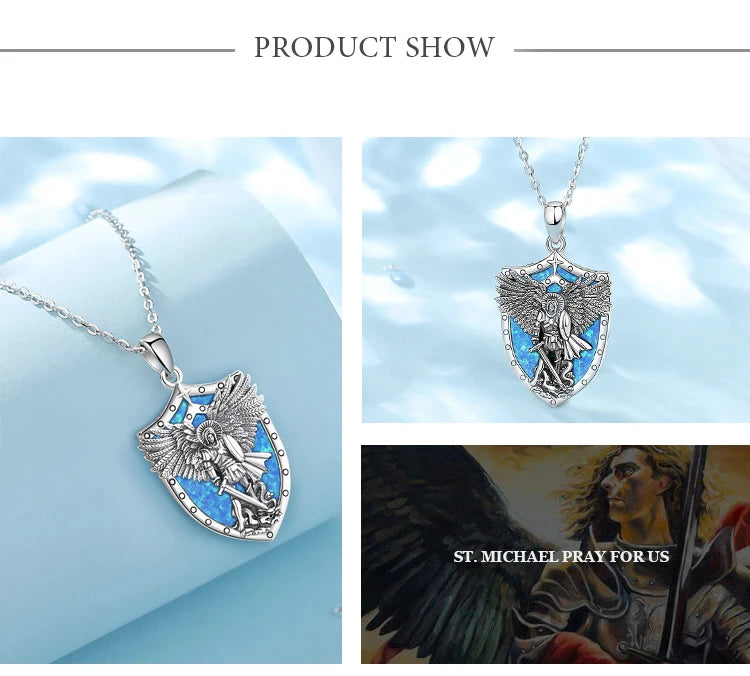St Michael Pendant Eudora 925 Sterling Silver Archangel opal Amulet Necklace Religious Jewelry Gift for Men Women
