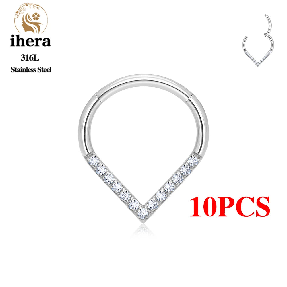 10PCS Stainless Steel D Shape Water Drop Nose Rings 16G CZ Septum Ring Ear Cartilage Tragus Helix Daith Earring Piercing Jewelry