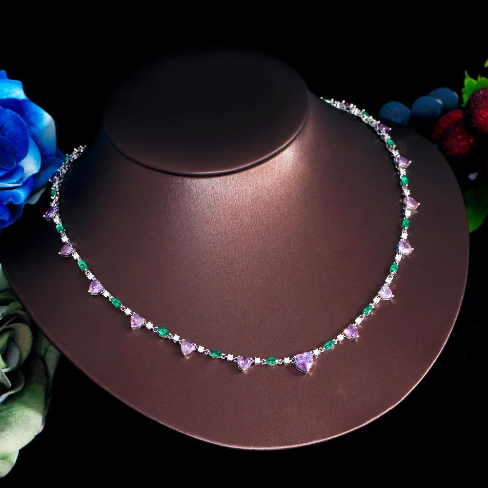ThreeGraces Exquisite Purple Cubic Zirconia Beautiful Heart CZ Link Chain Necklace for Women Summer Daily Dress Jewelry PN148