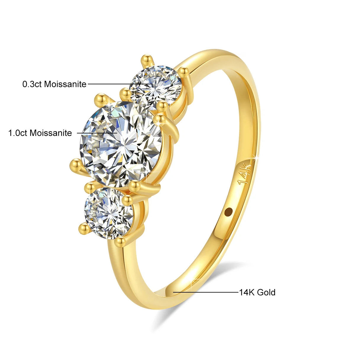 Real 14K 18K Gold Hollow VVS1 Round 1.6ctw Moissanite 3-Stone Ring AU750 Jewelry Certified for Women Wedding Engagement Gift