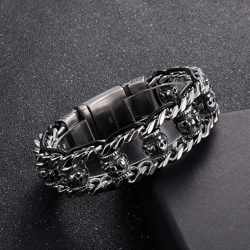 22mm Punk Retro Skull Head Bracelet for Men Hiphop Rock Stainless Steel Male Gothic Biker Bike Leather Bangle Wristband Jewelry