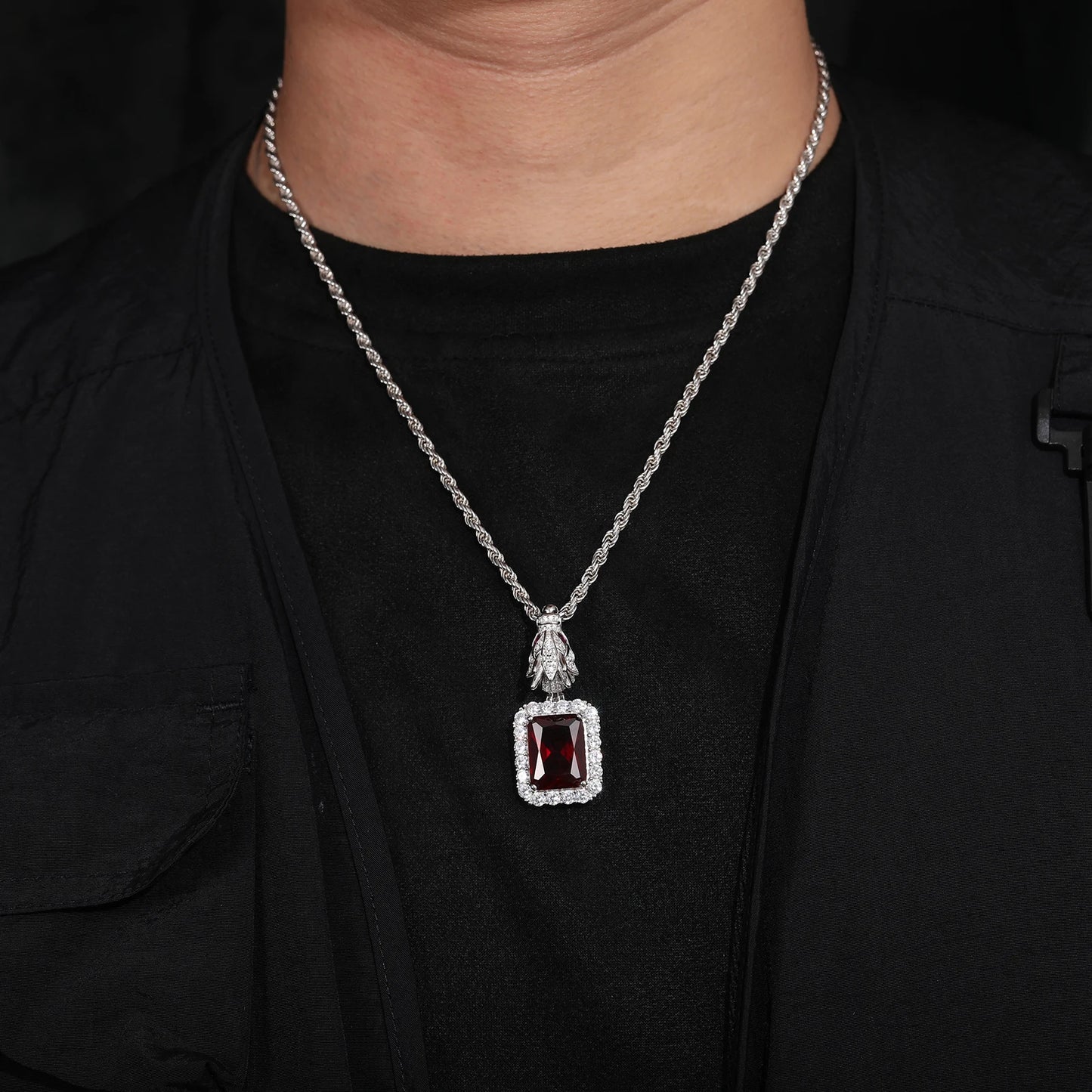 S925 Domineering Triangle Dragon Head Bail Red Cubic Zirconia Gem Pendant Necklace For Men Animal Hip Hop Men Jewelry Gifts