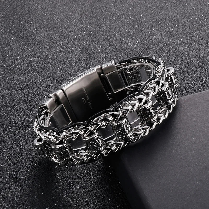 22mm Punk Retro Skull Head Bracelet for Men Hiphop Rock Stainless Steel Male Gothic Biker Bike Leather Bangle Wristband Jewelry