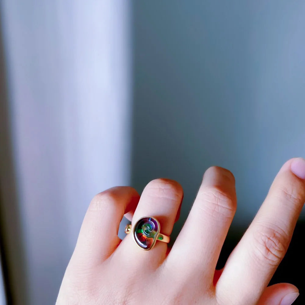 Trendy Ammolite Ring 925 Silver 18k Gold Plated from Canadian Adjustable Jewelry Opalite Stackable for Women Party Gift