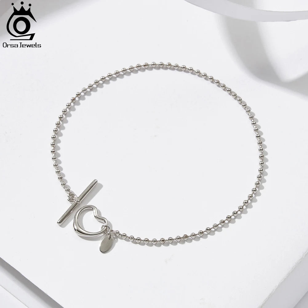 ORSA JEWELS 925 Sterling Silver 2.0mm Bead Chain Bracelet for Women with Heart Toggle Clasp Foot Ankle Straps Jewelry SA68