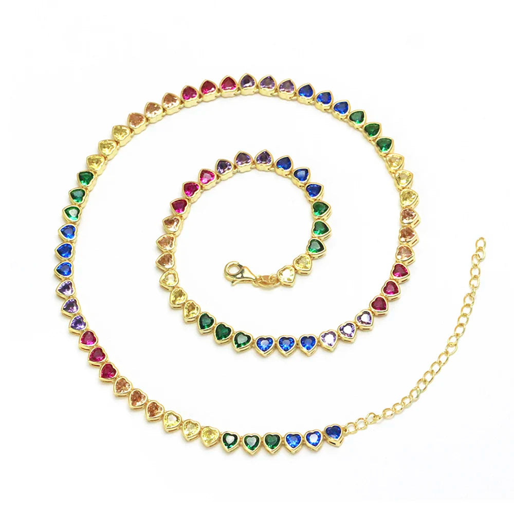 ThreeGraces Elegant Small Heart Shape Cute Lovely Multicolor CZ Tennis Choker Necklace for Women Fashion Party Jewelry PN120