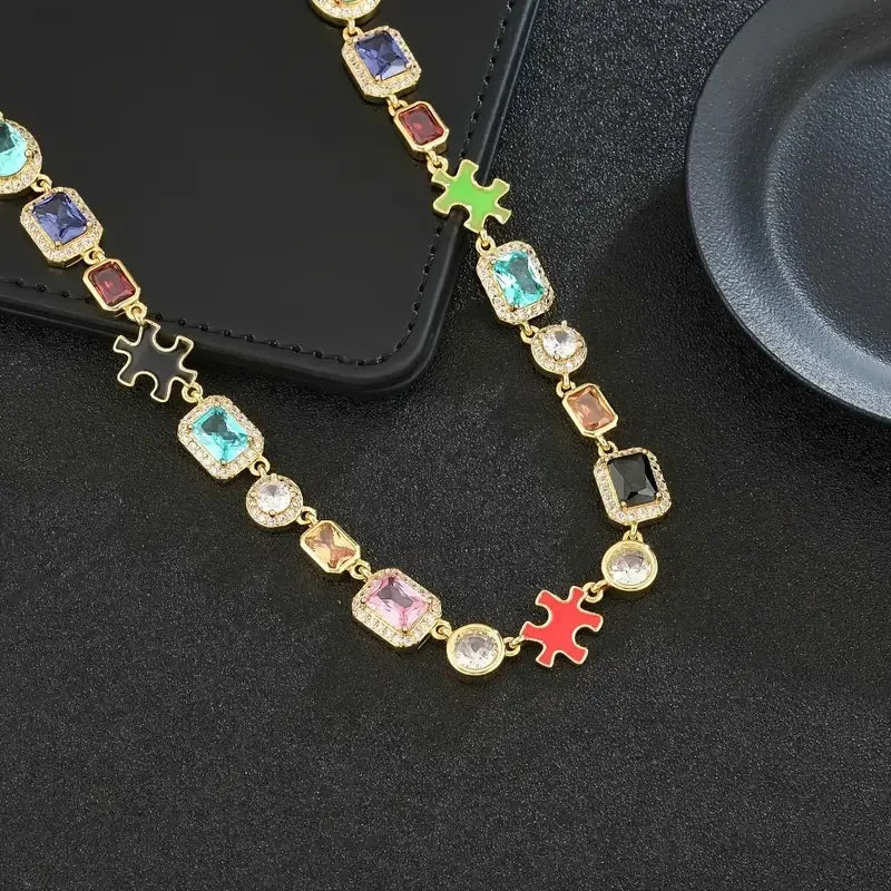10MM Glamorous Colourful Zirconia Adjustable Puzzle Piece Necklace Iced Out Gemstone Chain For Men And Women Hip Hop Jewelry