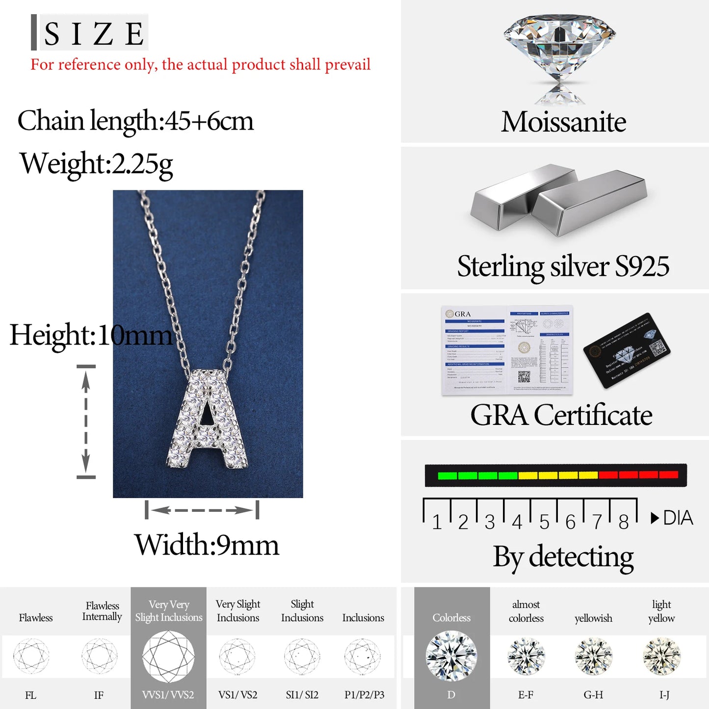 Simple 925 Silver Moissanite 26 Letter Pendant Necklace Fashion Women A-Z Initials Choker Clavicle Chain Jewelry Christmas Gifts