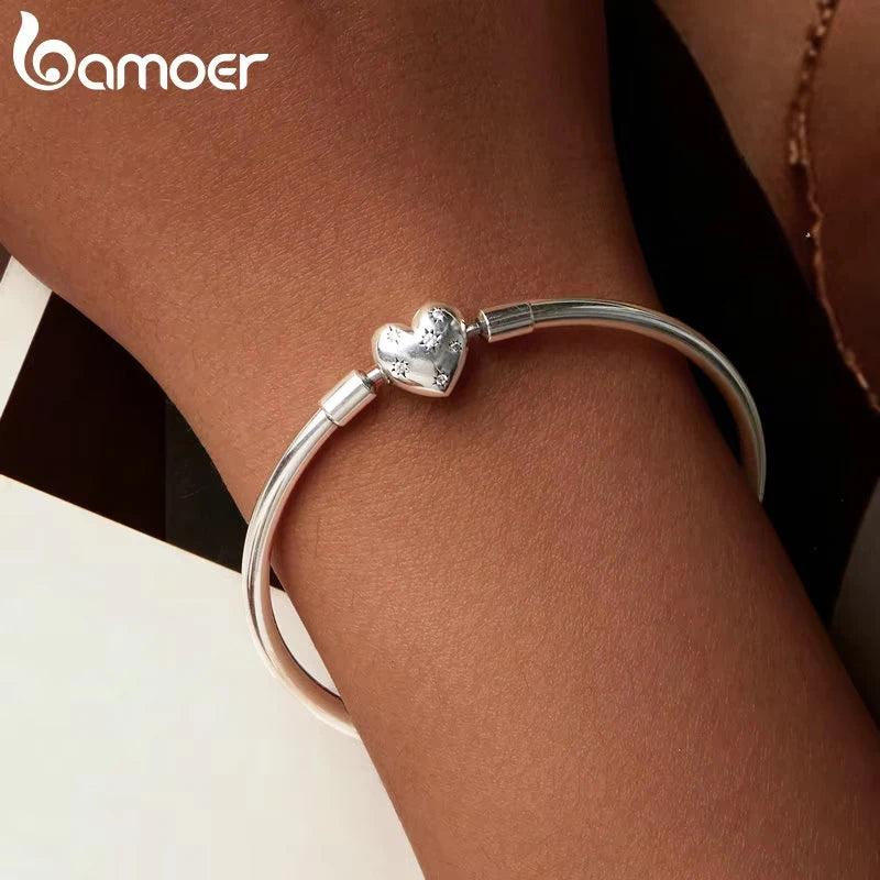 BAMOER Authentic 925 Sterling Silver Charm Bracelet, Classic Heart/Shell Basic Bangle for Women Charm Beads DIY Jewelry BSB192
