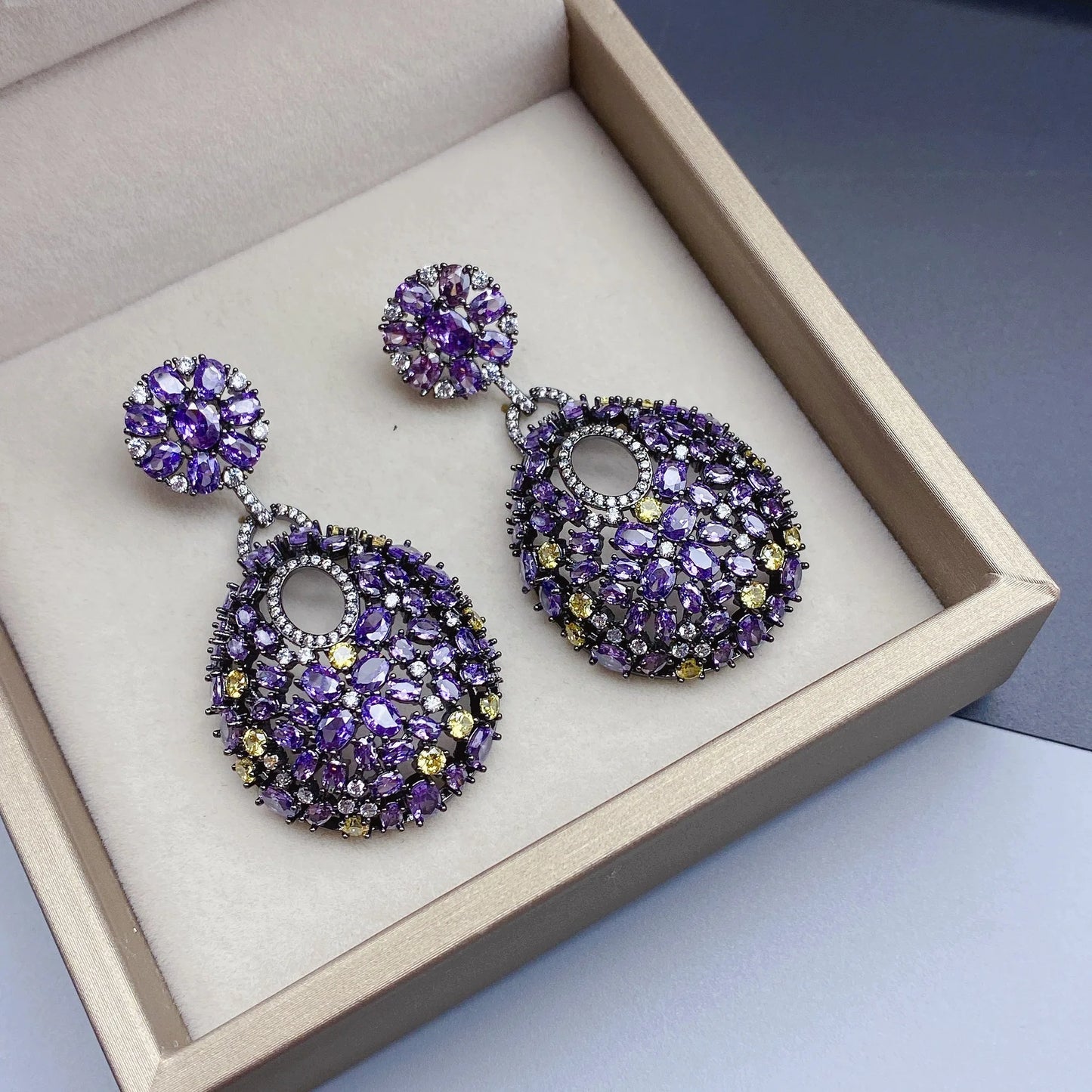 2023 Retro Round Set Purple Diamond Fashion Women's Exaggerated Silver Needle Earrings