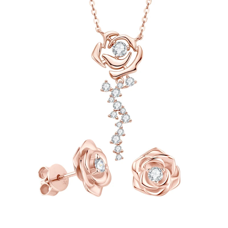 925 Sterling Silver Flower Jewelry Set Rose Gold Plated D Moissanite Pendant Necklace Stud Earrings Set for Women Wedding Gift