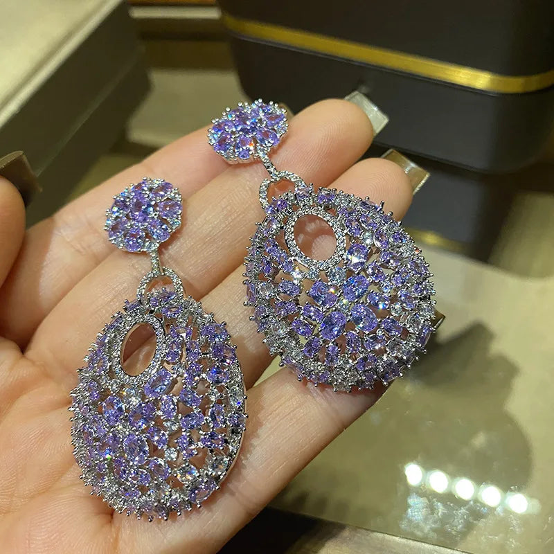 2023 Retro Round Set Purple Diamond Fashion Women's Exaggerated Silver Needle Earrings