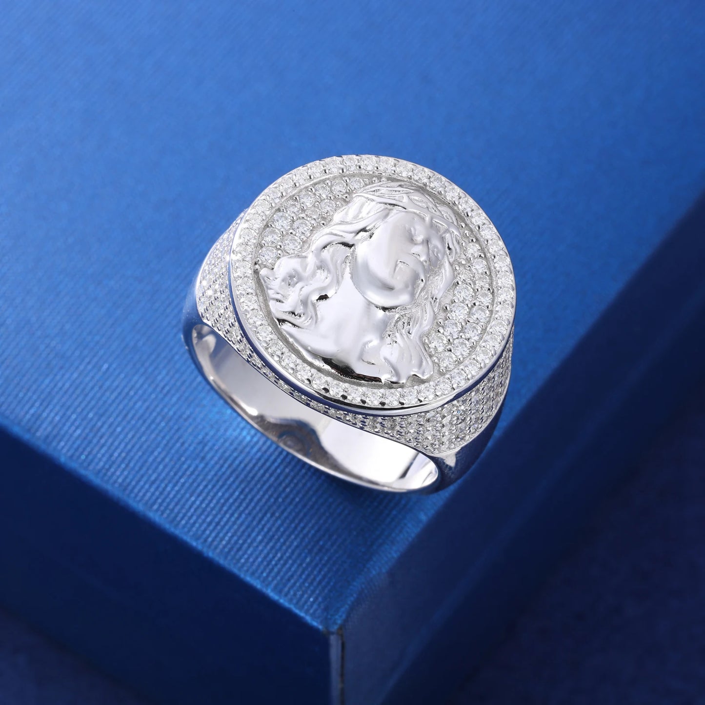 New S925 Moissanite Jesus Head Ring Men Women Fashion Religious Amulet Accessories Hip Hop Punk Iced Out Sterling Silver Jewelry