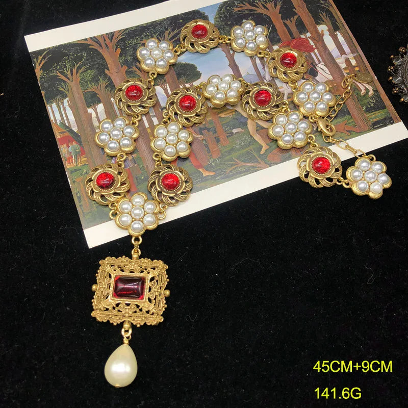 Retro palace style light luxury temperament pearl glaze inlaid flower necklace elegant everything pendant sweater chain female f