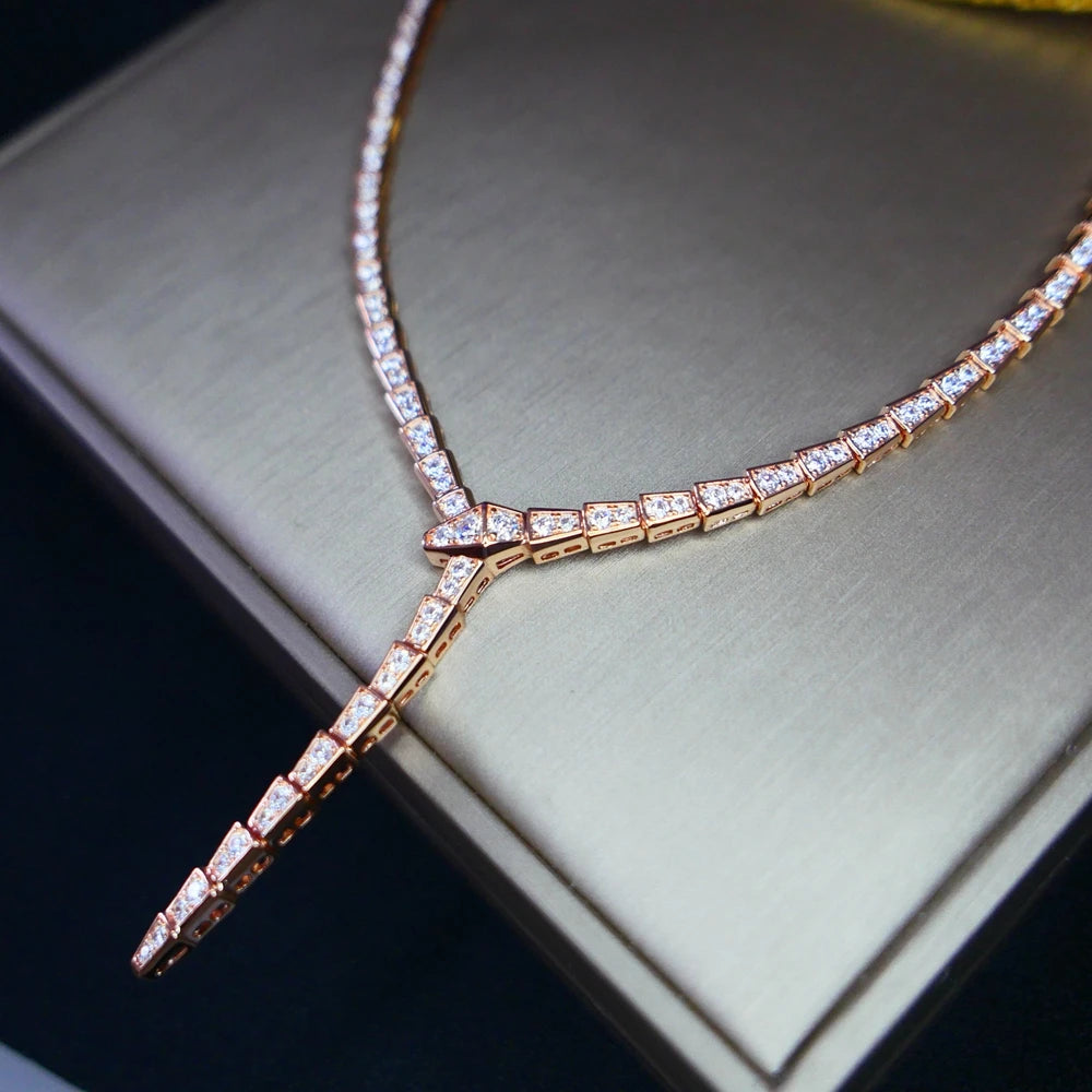 Slim Classic Fashion Full Zircon Diamond Stone Narrow Snake Shaped Choker Necklace Women Luxury Designer Gold plated Jewelry