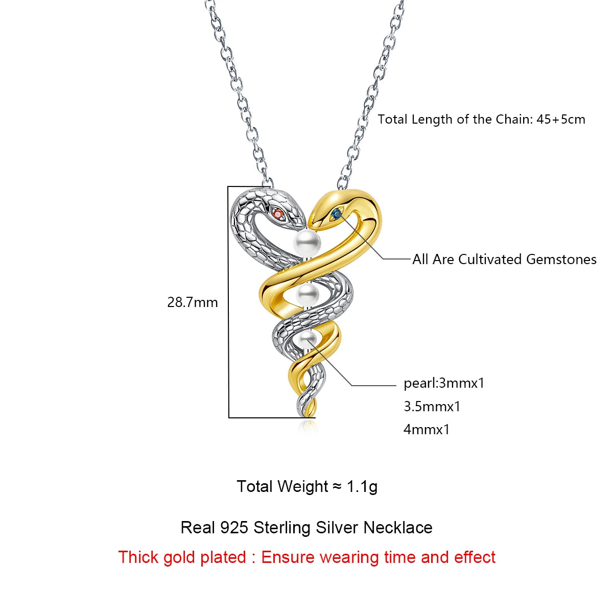 AnuJewel Exquisite Snake Pendant Seawater Pearls Necklace Classic of Mountains and Seas 50cm 925 Sterling Silver Jewelry Gifts