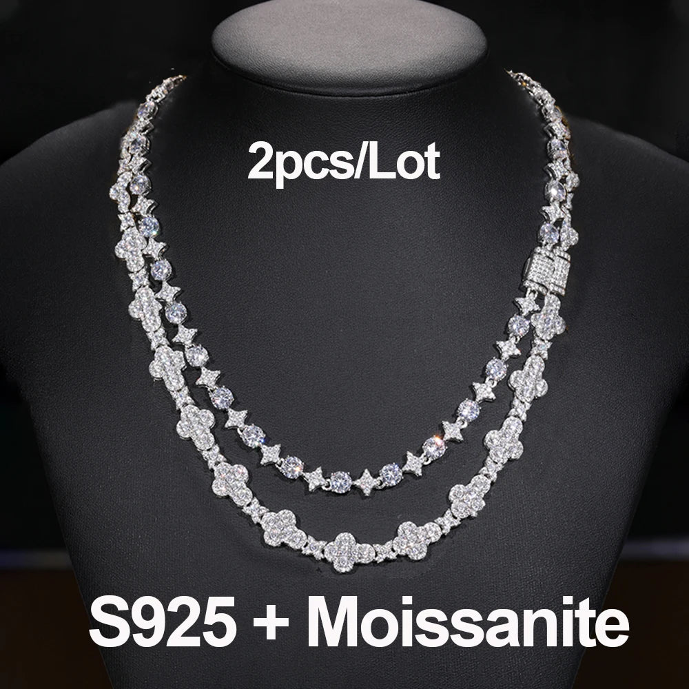 2pcs 925 Sterling Silver Star Round Cross Moissanite Tennis Chain Necklace For Women Men Couple Hip Hop Jewelry For Christmas