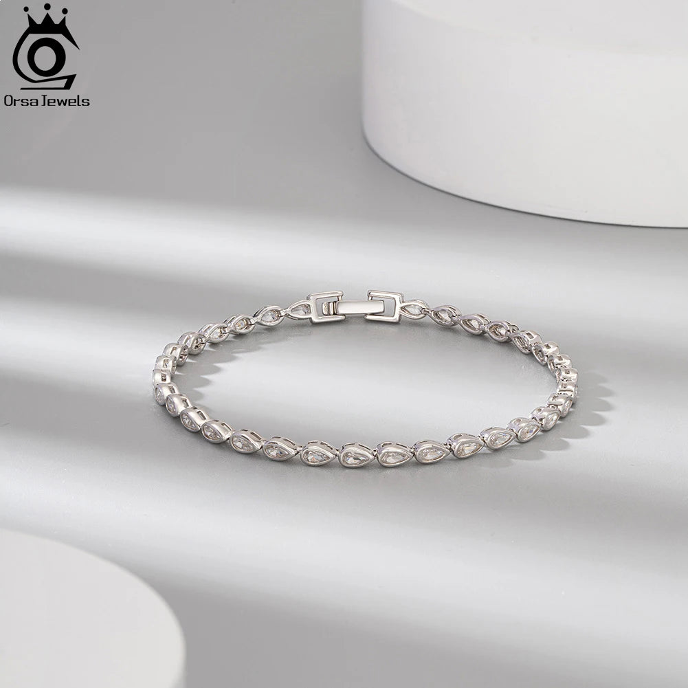 ORSA JEWELS 925 Sterling Silver Handmade 2*4mm Pear Cut CZ Bazel Setting Tennis Bracelet for Women Luxury Bracelet Jewelry SB154