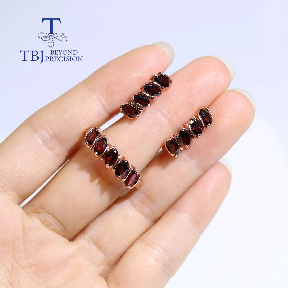Simple design natural garnet for women Fine jewelry 925 silver gemstone ring earrings jewelry set daily wear gift