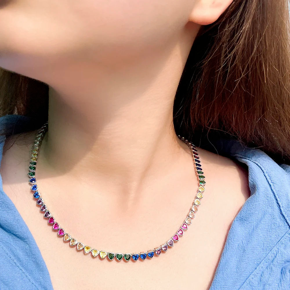 ThreeGraces Elegant Small Heart Shape Cute Lovely Multicolor CZ Tennis Choker Necklace for Women Fashion Party Jewelry PN120