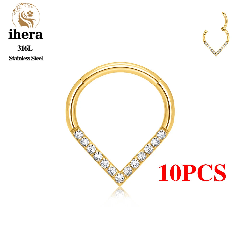 10PCS Stainless Steel D Shape Water Drop Nose Rings 16G CZ Septum Ring Ear Cartilage Tragus Helix Daith Earring Piercing Jewelry