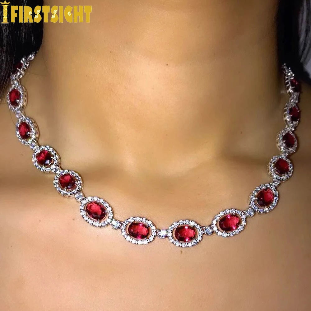 New Iced Out Bling Hip Hop Oval CZ Paved Sparking Colorful Stone Necklace Tennis Rainbow Zircon Choker Women Jewelry