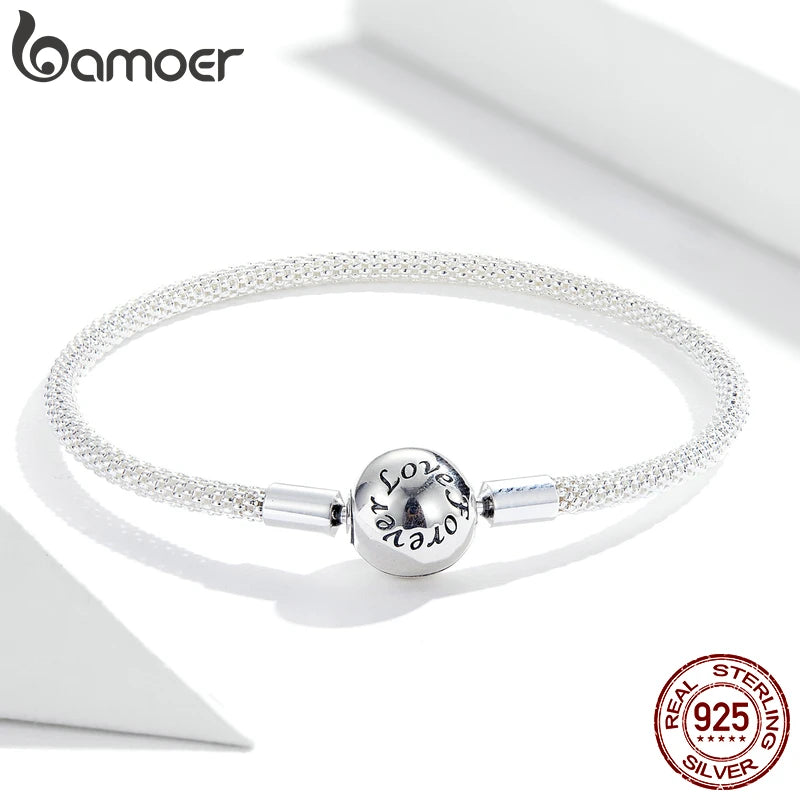 BAMOER 925 Sterling Silver Classic Love Forever Snake Chain Bracelets for Women Charm Bead DIY Fine Jewelry 17CM 19CM SCB105