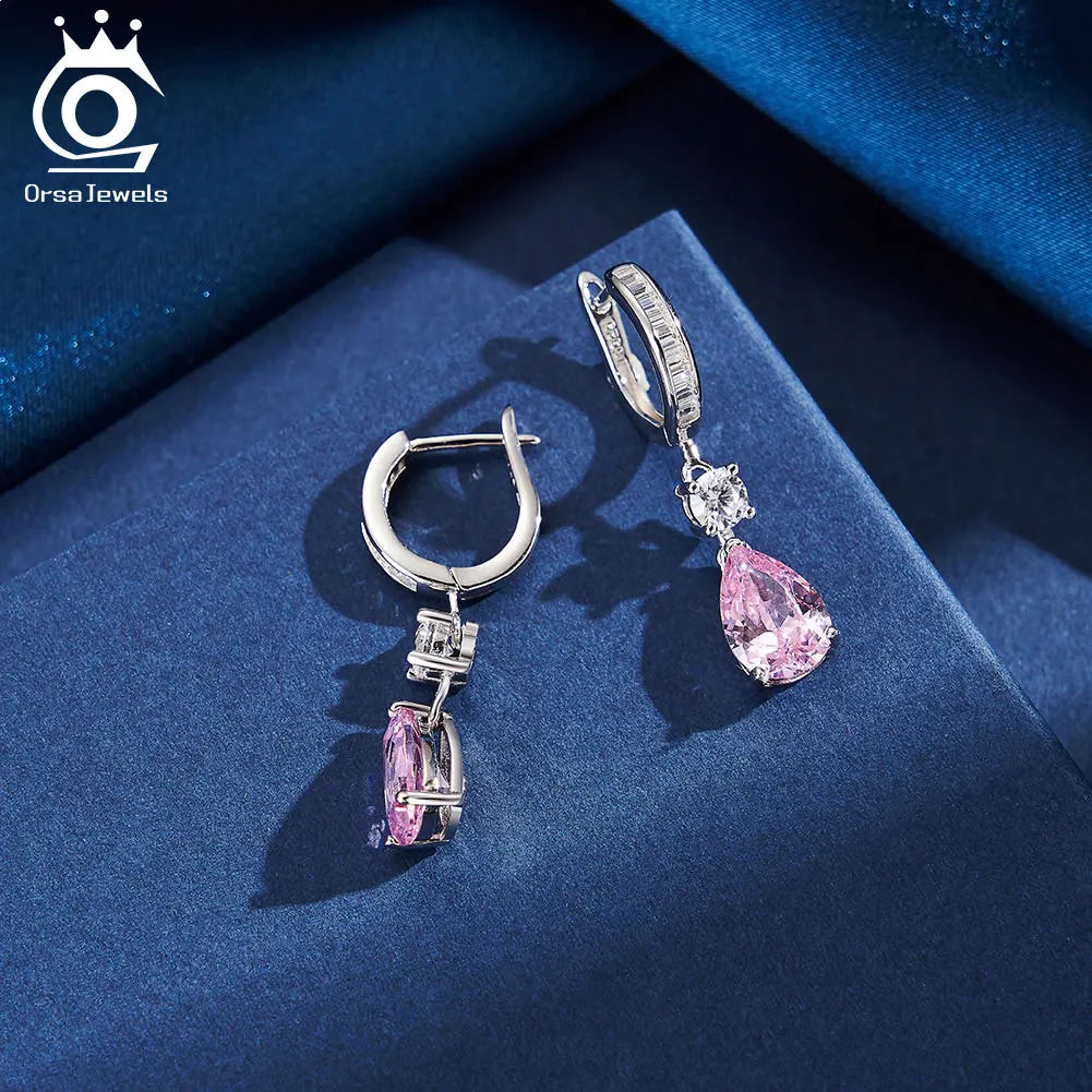 ORSA JEWELS Genuine 925 Sterling Silver 5A Clear Pink CZ Dangle Earrings with Rhodium Drop Earrings for Women Jewelry LZE33