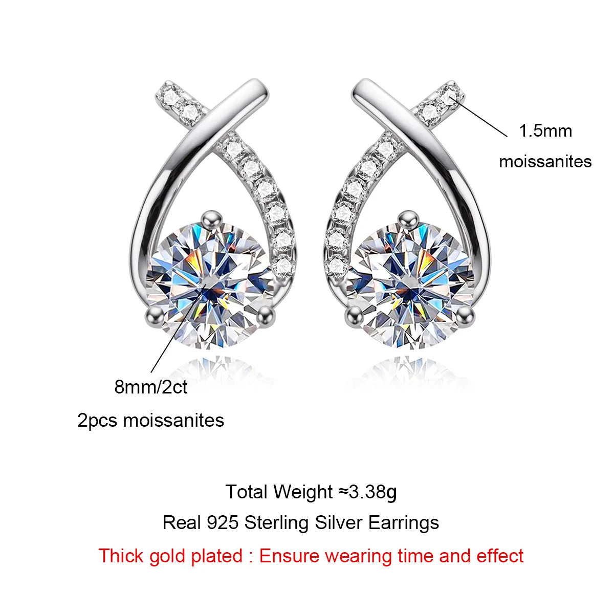 AnuJewel 4cttw D Color Moissanite Diamond 18K Gold Plated 925 Sterling Silver Stud Earrings For Woman Gifts Wholesale