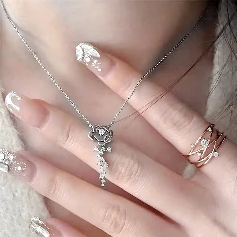925 Sterling Silver Flower Jewelry Set Rose Gold Plated D Moissanite Pendant Necklace Stud Earrings Set for Women Wedding Gift