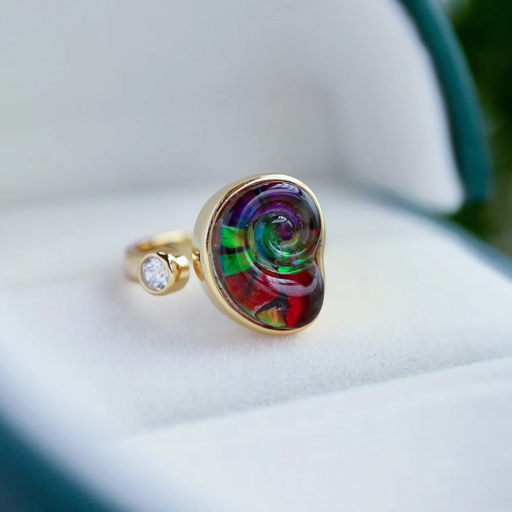 Trendy Ammolite Ring 925 Silver 18k Gold Plated from Canadian Adjustable Jewelry Opalite Stackable for Women Party Gift