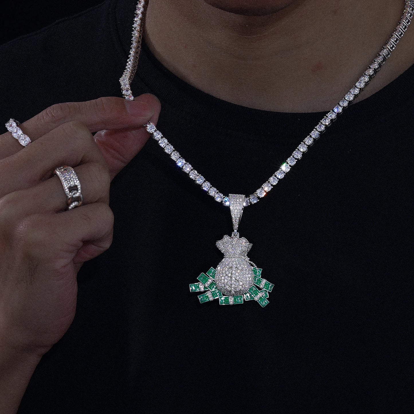S925 Silver Fashion Personality Dollar Money Bag Pendant Necklaces D Color VVS Moissanite Creativity Hip Hop Iced Out Jewelry