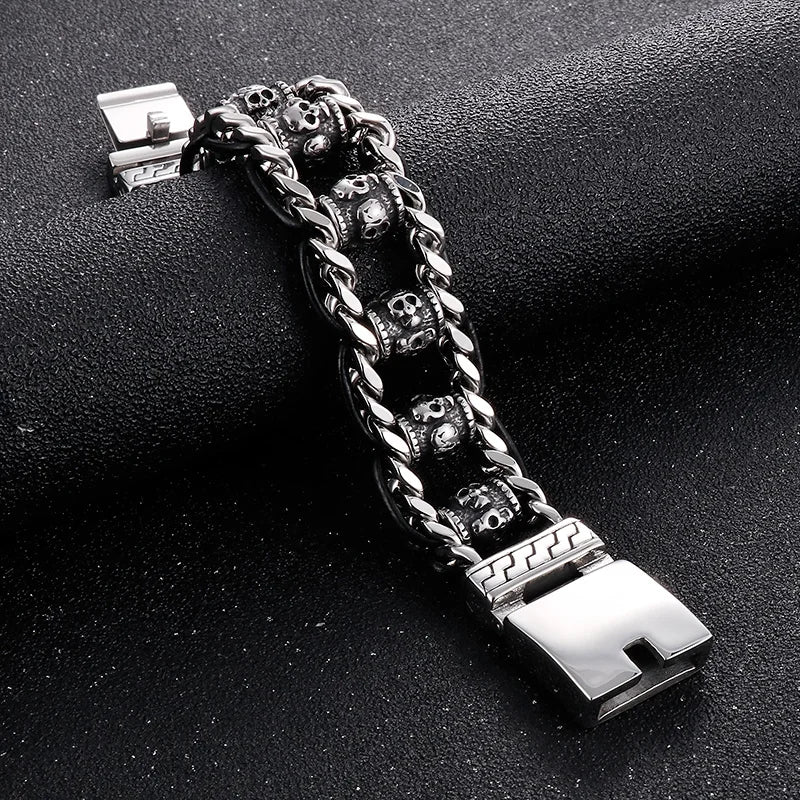 22mm Punk Retro Skull Head Bracelet for Men Hiphop Rock Stainless Steel Male Gothic Biker Bike Leather Bangle Wristband Jewelry