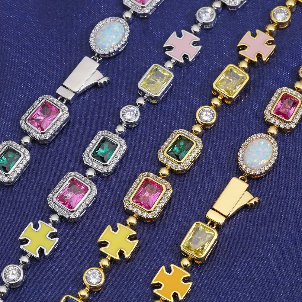 10mm Multicolor Green Blue Red Yellow Black Gem Stone Enamel Cross Chain 18K Gold Plated Jewelry Big Gemstone Necklace Women