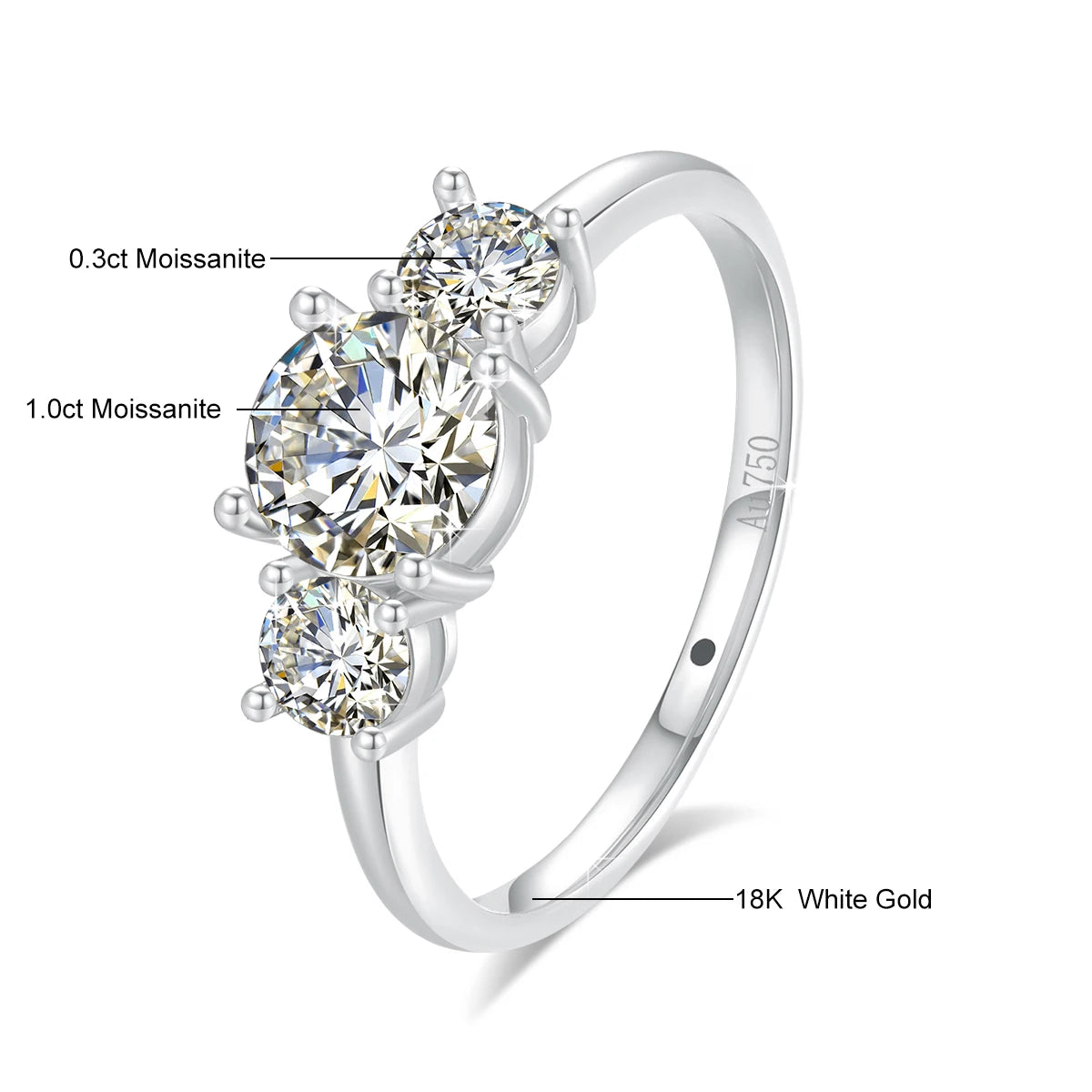 Real 14K 18K Gold Hollow VVS1 Round 1.6ctw Moissanite 3-Stone Ring AU750 Jewelry Certified for Women Wedding Engagement Gift