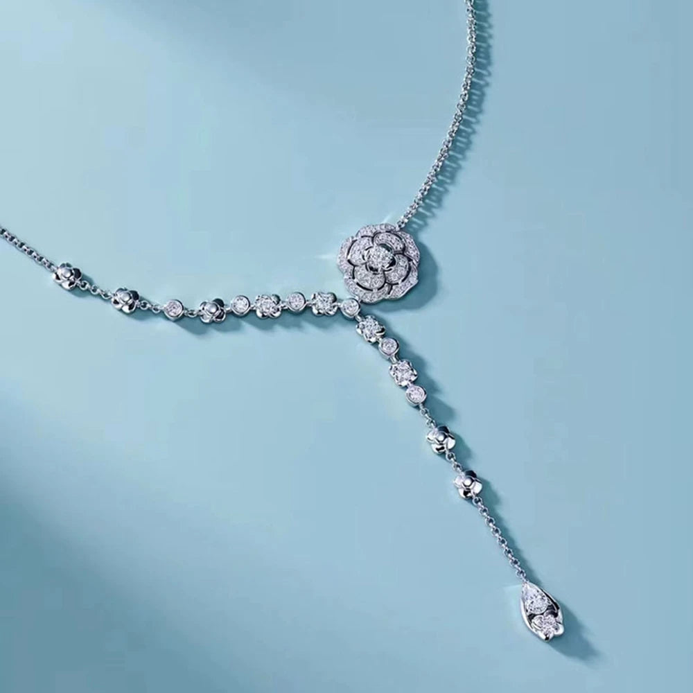 shop 100% 925 Sterling Silver Rose Flowers Lab White Sapphire Gemstone Women Necklace Pendant Wedding Party Fine Jewelry