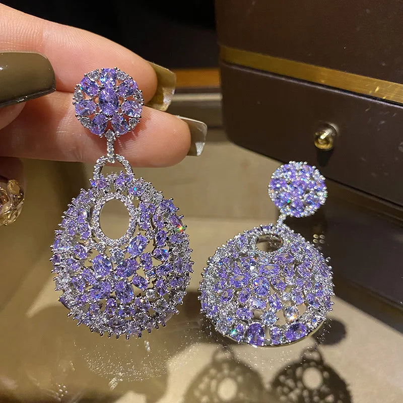 2023 Retro Round Set Purple Diamond Fashion Women's Exaggerated Silver Needle Earrings