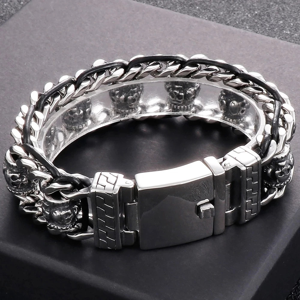 22mm Punk Retro Skull Head Bracelet for Men Hiphop Rock Stainless Steel Male Gothic Biker Bike Leather Bangle Wristband Jewelry