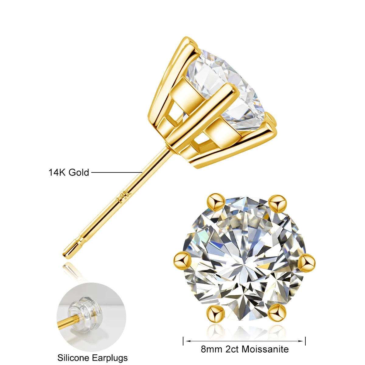 2ct Moissanite AU585 Earrings For Men Lab Diamond Yellow Gold 100% 14K Gold Stud Earring Luxury Fine Jewelry Women