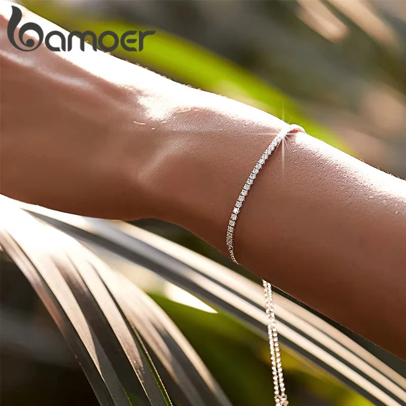 BAMOER 14K Gold Plated CZ Classic Tennis Bracelet for Women, 925 Sterling Silver Adjustable Slider Bracelet Wedding Jewelry Gift