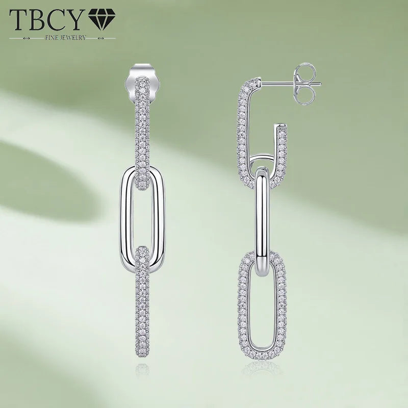 TBCYD 1MM D Color Moissanite Paperclip Link Earrings For Women S925 Silver Lab Diamond Drop Earrings Luxury Party Fine Jewelry