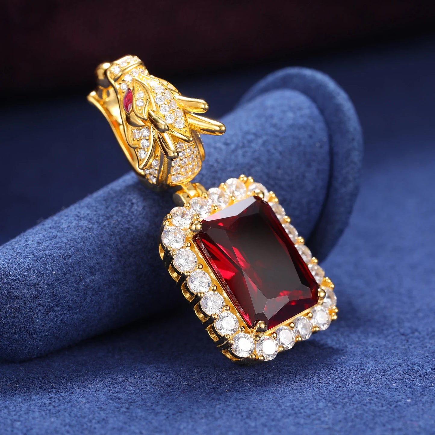 S925 Domineering Triangle Dragon Head Bail Red Cubic Zirconia Gem Pendant Necklace For Men Animal Hip Hop Men Jewelry Gifts