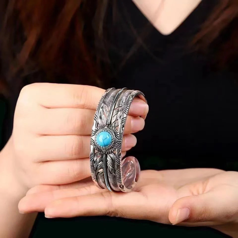Silver Plated Turquoise Feather Wings Open Bracelet Men\'s Domineering Cuff Bangles Women\'s Fashion Party Jewelry Gift