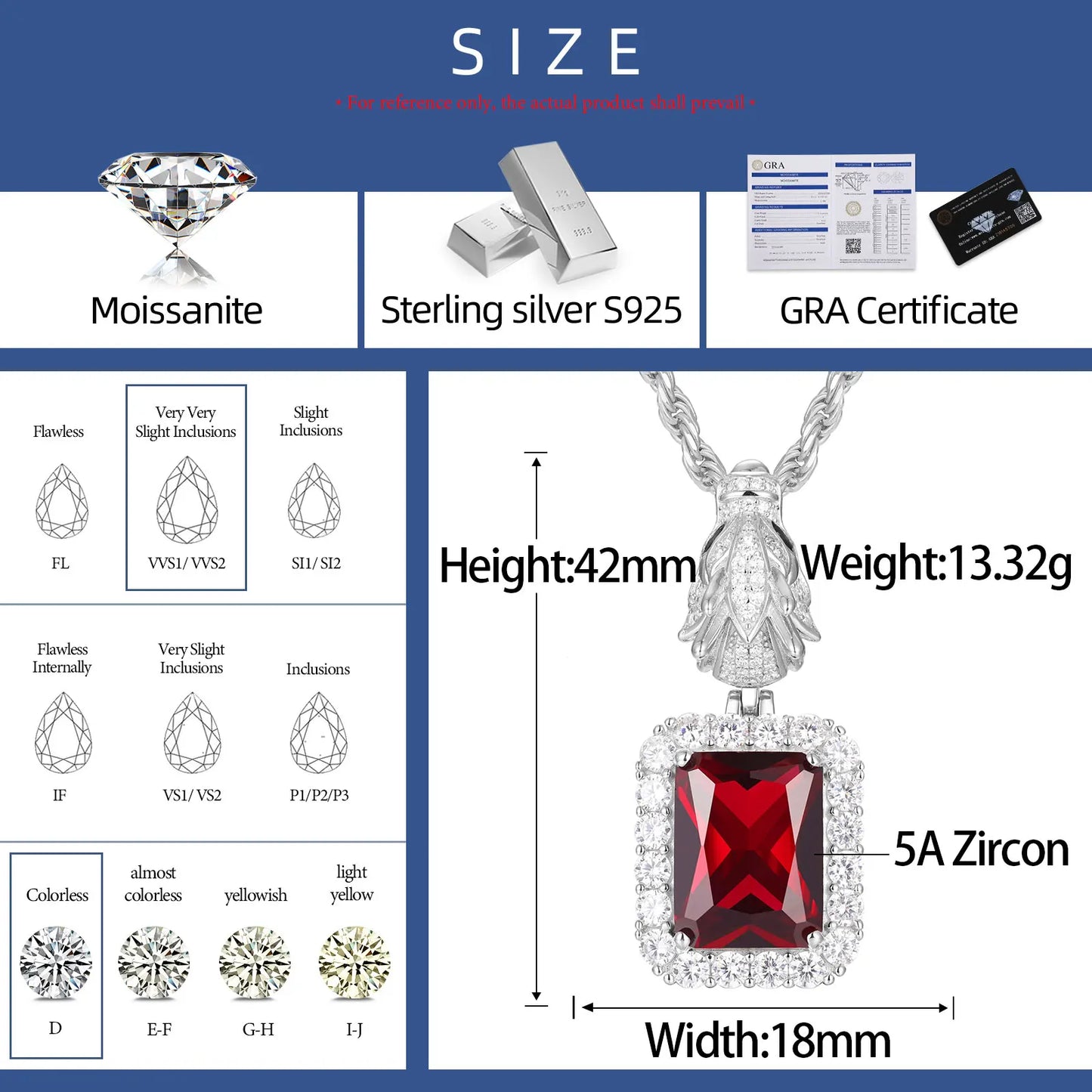 S925 Domineering Triangle Dragon Head Bail Red Cubic Zirconia Gem Pendant Necklace For Men Animal Hip Hop Men Jewelry Gifts
