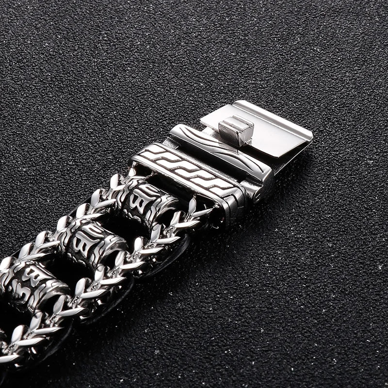 22mm Punk Retro Skull Head Bracelet for Men Hiphop Rock Stainless Steel Male Gothic Biker Bike Leather Bangle Wristband Jewelry