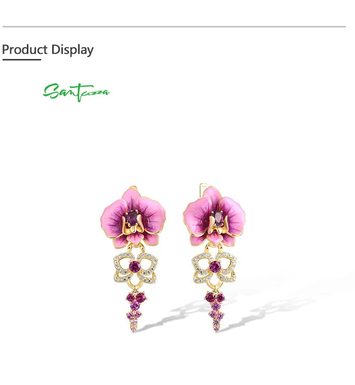 SANTUZZA Real 925 Sterling Silver Earrings For Women Sparkling Created Pink Sapphire Enamel Orchid Flower Delicate Fine Jewelry