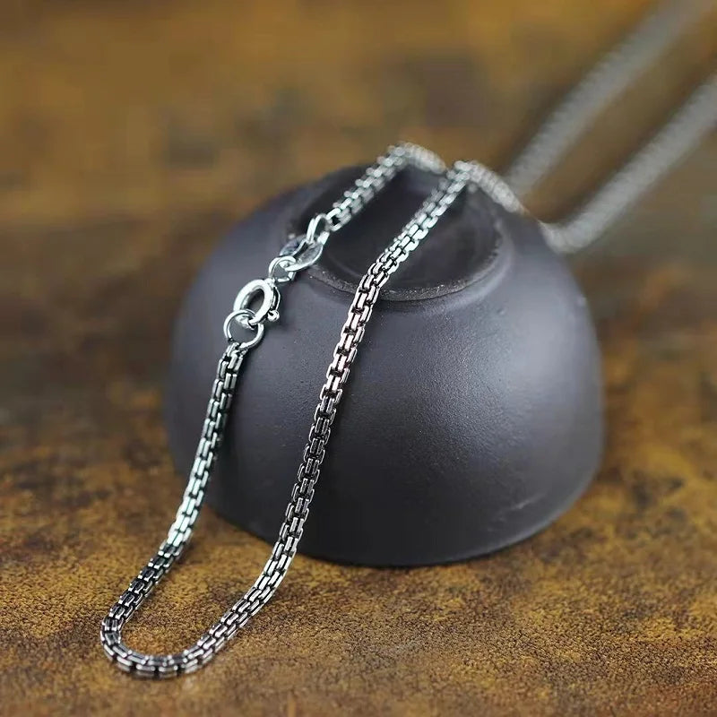 Real Pure Silver Double Circle Square Box chain Necklace For Men Women S925 Sterling Silver Vintage Fine Necklace Jewelry