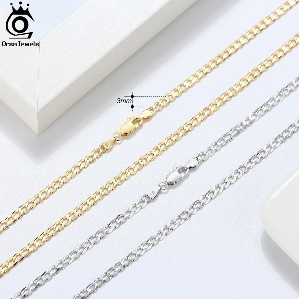 ORSA JEWELS 925 Sterling Silver Italian 3mm/5mm Cuban Link Curb Chain Necklace for Women Men Fashion Party Necklace Jewelry SC60