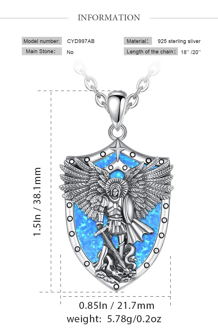 St Michael Pendant Eudora 925 Sterling Silver Archangel opal Amulet Necklace Religious Jewelry Gift for Men Women