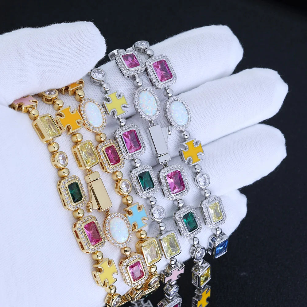 10mm Multicolor Green Blue Red Yellow Black Gem Stone Enamel Cross Chain 18K Gold Plated Jewelry Big Gemstone Necklace Women
